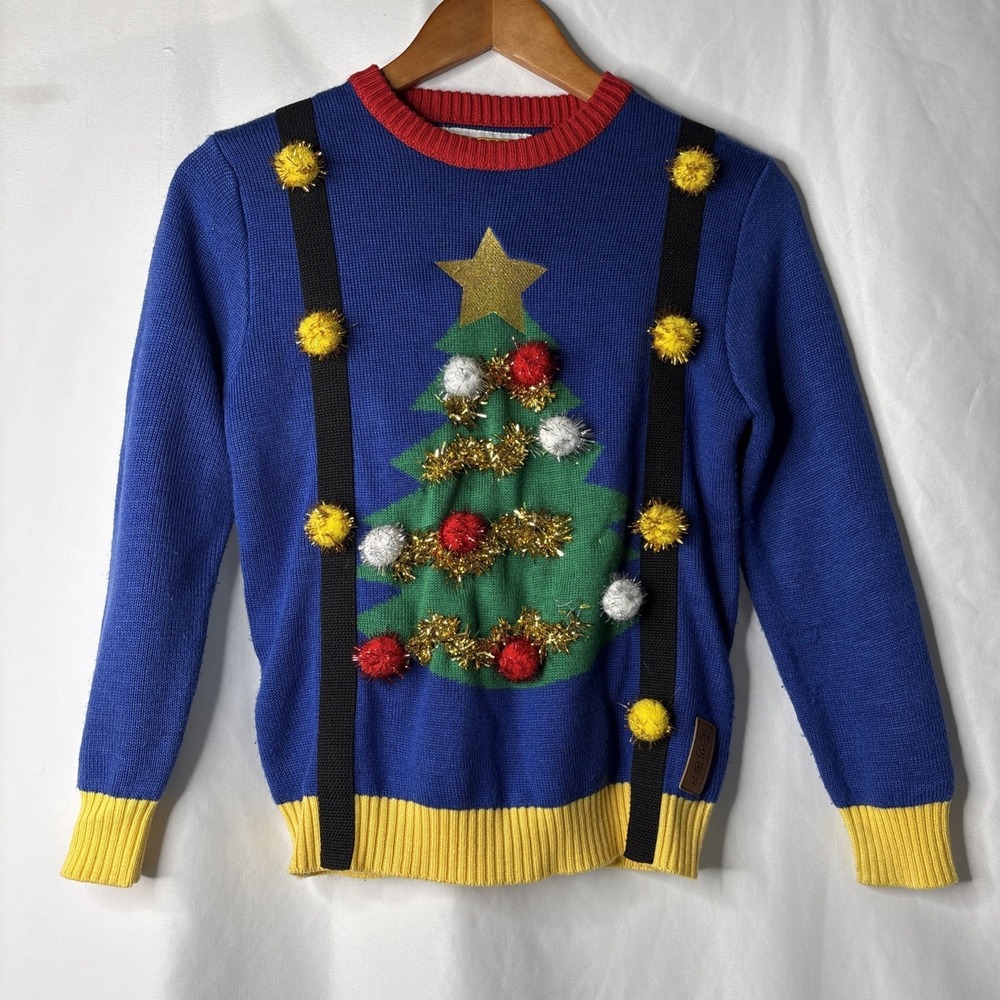 Tipsy‎ Elves Youth M Ugly Christmas Sweater Xmas Tree Tinsel Holiday Colorful